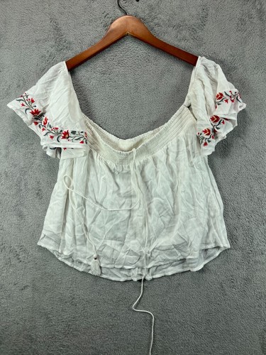 Black Swan Womens Small Boho Crop Top White Crinkle Gauze Off Shoulder Flowy NEW