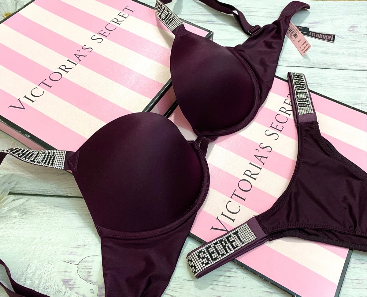 Victoria Secret Very Sexy Shine Strap Rhinestone Push Up Bra Set Dark Violet