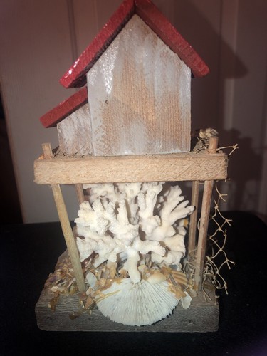 Homemade Seafood House With Large White Coral & Seashells Rustic OOAK - Picture 9 of 16