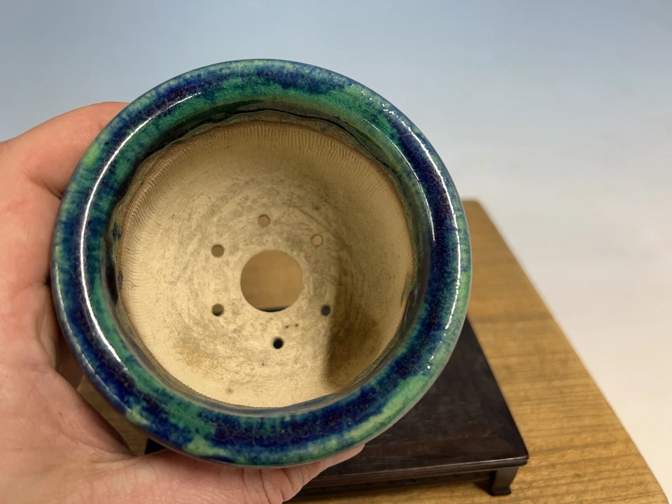 "Maceta de árbol bonsái esmaltada verde tamaño Shohin Fugushige Bushuan 4 1/4 por 3""" Foto 2 de 4