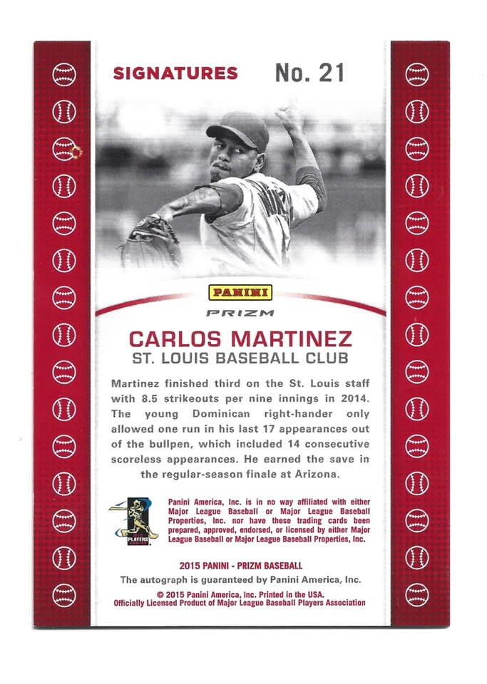 Carlos Martinez AUTOGRAPH St. Louis Cardinals 2015 Panini Prizm 21 AUTO Baseball - Image 2 of 2