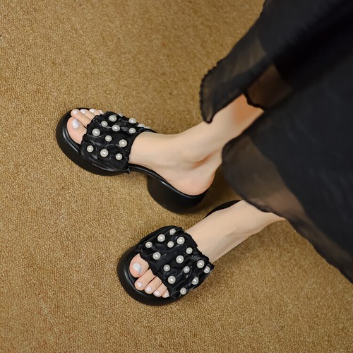 Womens Fashion Pearl Beaded Open Toe Platform Block Heel Sandal Shoes Mule QAAG  - Picture 6 of 14