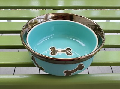 Aqua Blue Metallic Bronze Dog Bone Rimmed Food Dish Water Bowl Ceramic Stoneware