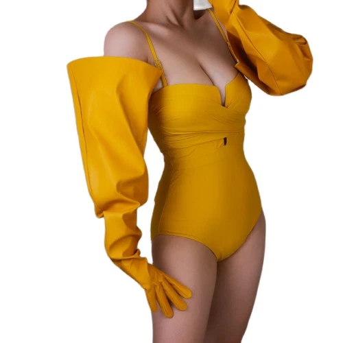 Guantes largos de charol unisex imitación cuero brillo negro globo mangas abullonadas 70 cm  Foto 4 de 4