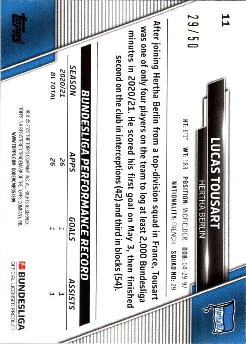 2021-22 Topps Bundesliga #11 Lucas Tousart Gold Foilboard #/50 - Image 2 of 2