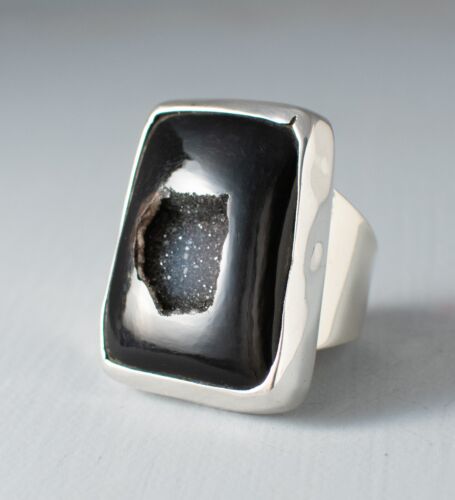 Onyx Druzy 30x24mm Sterling Ring, Modernist, Vintage Patina, Size 10 adjustable  - Picture 1 of 5