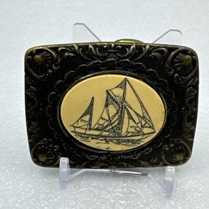 Vintage Oden USA Scrimshaw Style Solid Brass Belt Buckle 2-1/4” X 1-3/4”