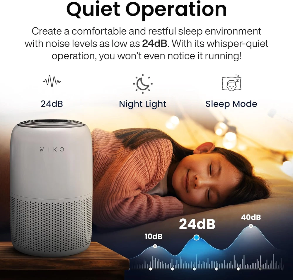 Air Purifier for Bedroom with 3-In-1 HEPA Filter & Sleep Mode, Whisper Quiet, Co
