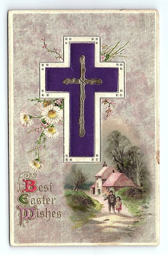 c.1910 Easter Wishes Postcard Purple Silk Cross Silver Ink VIllage Winsch Back - Picture 2 of 3