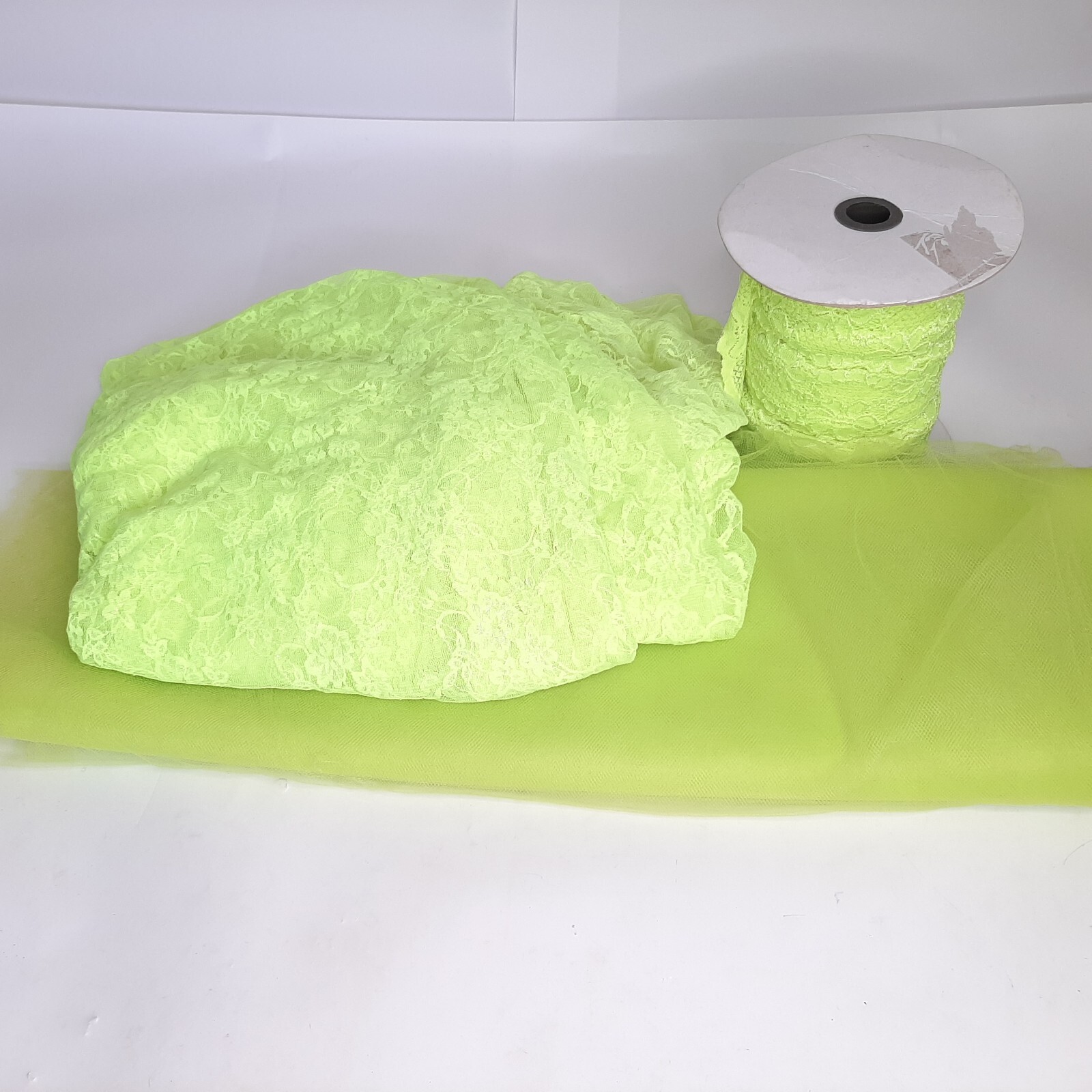 Neon Yellow Green Fabric Bundle Stretchy Lace, Tulle, & Roll of Wide Ribbon