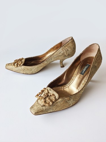DOLCE & GABBANA Gold Brocade Monogram Regency Style Kitten Heels, UK 4.5 - Picture 2 of 12
