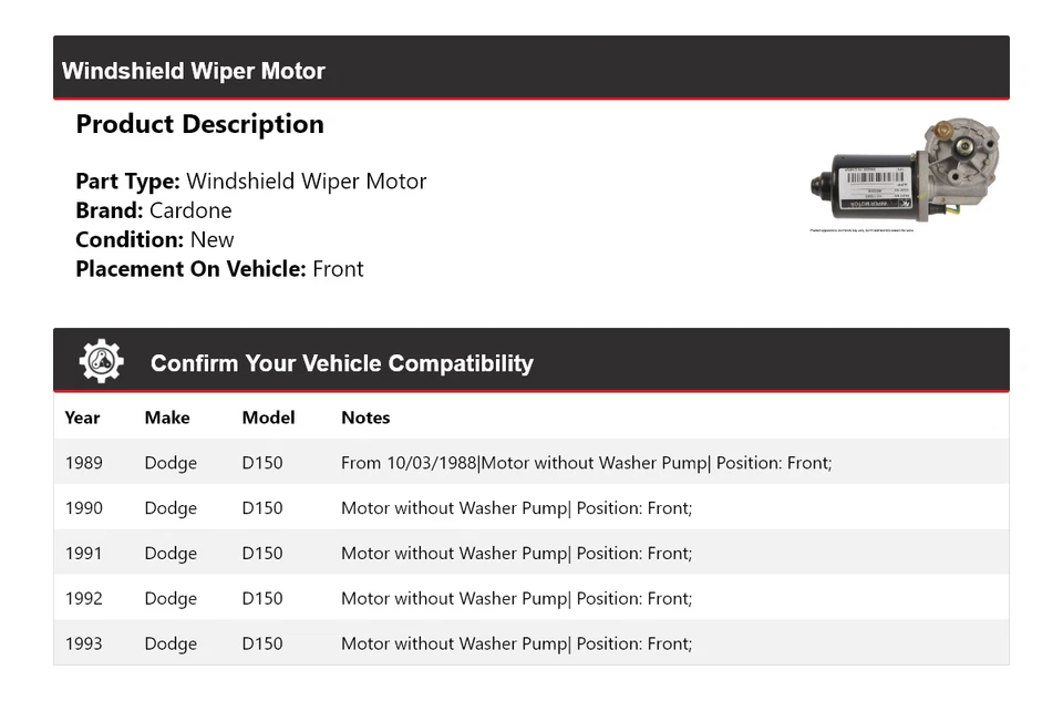 Para Dodge D150 1989-1993 Limpiaparabrisas Motor Delantero Cardone 1990 1991 1992 Foto 2 de 4