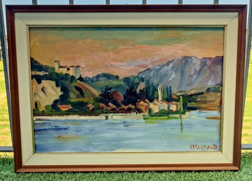 QUADRO DIPINTO OLIO TAVOL Carlo Monti PAESAGGIO ROCCA ANGERA Lago Maggiore ARONA