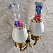 Antique Brass Toothbrush Holder with Ceramic Cup Wall Mount Bathroom Accessory
