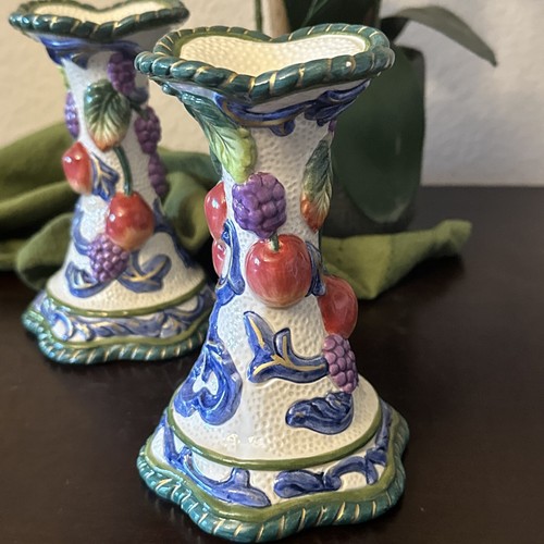 Fitz and Floyd Calypso Majolica Hand Painted Ceramic Fruit Candlesticks EUC - Picture 4 of 10