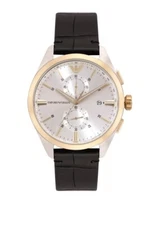 Emporio Armani Men Gold Silver Two Tone Black Leather Chronograph Watch AR11498
