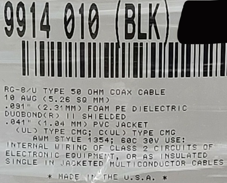 Belden 9914 #10awg RG-8/U 50Ohm Indoor/Outdoor Coaxial Cable RG8 Black /10ft