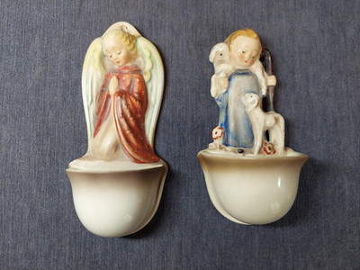 M J Hummel Holy Water Font ''Good Shepard'' and Goebel Holy Water Font ''Angel''