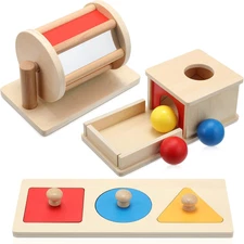 3 Pcs Wooden Baby Toys Set, Object Permanence Box, Rainbow Drum, Colorful Multip