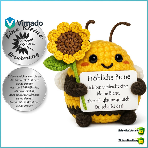 Pocket Hug Biene Figur Strickwolle Mit Sonnenblumenstrauß GlüCksbringer Geschenk-image
