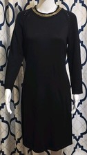 Calvin Klein Black Beaded Knit Sheath Dress L Crew Neck Long Sleeve Women's