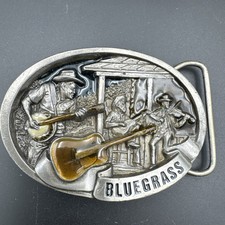 Vintage 1987 C J 1144 Bluegrass Belt Buckle Pewter Enamel Fiddle Banjo USA