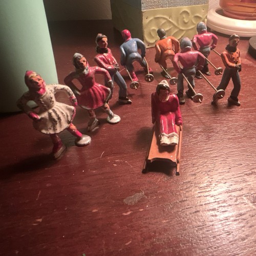 Vintage Barclay Lead Toy Figures Lot of 9 Winter Sports w/ Sled & Skaters