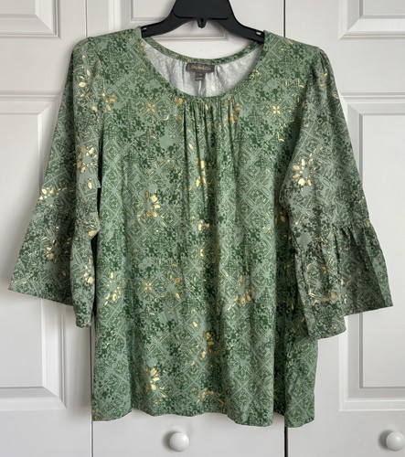 Style & Co. Women's Tops Green Metallic Scoop Neck 3/4 Sleeve Plus Size 2X - Picture 2 of 7