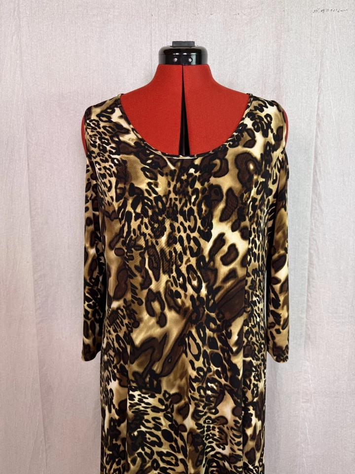 Vestido para mujer Susan Graver talla L ajustado hombro frío estampado animal E102 Foto 2 de 4