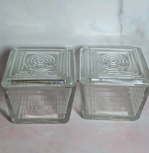 Federal Glass 4" Square Refrigerator Dish Embossed Veggie Lid Clear Vintage EUC