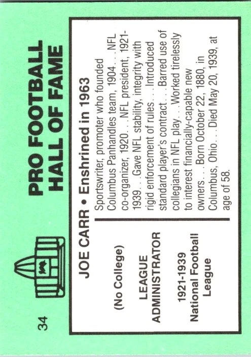 1985-88 Football Immortals #34 Joe Carr - Image 2 of 2