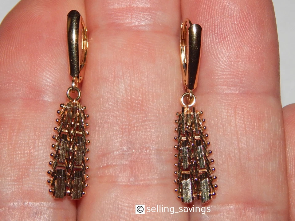 PENDIENTES COLGANTES DE ORO IMPERIAL 14K CORTE DIAMANTE COJO RICCO 1,4 PULGADAS CON CIERRE DE PALANCA Foto 2 de 4