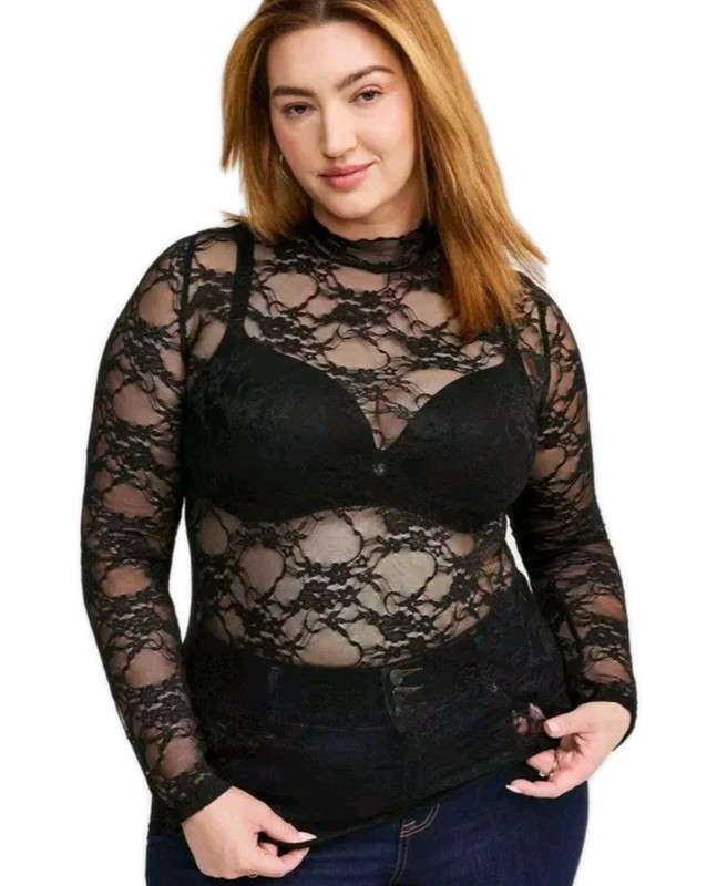 NEW TORRID Deep Black Sheer Stretch Lace Mock Neck L/S Long Top NWT 00 M/L M L 