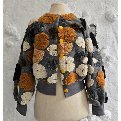 Textured 3D Floral Applique Cardigan Gray Sherpa Flower Button Front Jacket M