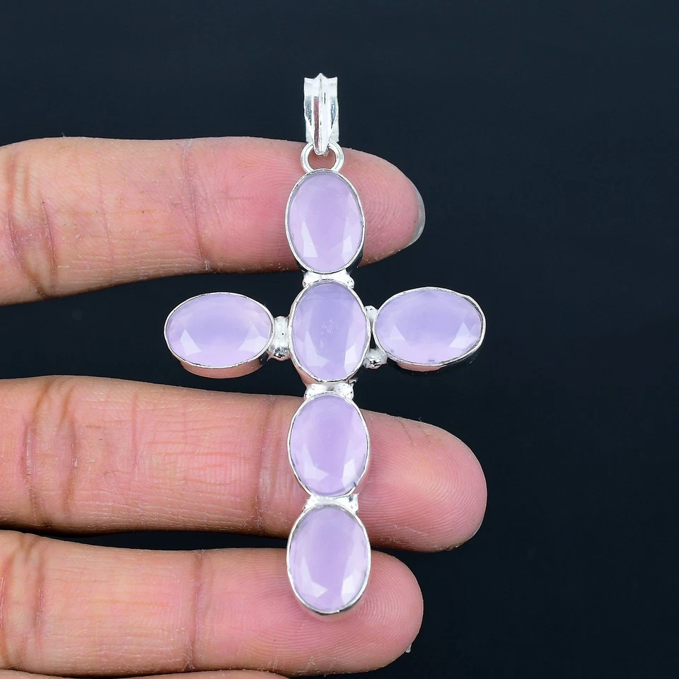 Ciondolo croce regalo ovale pietra preziosa argento sterling 925 calcedonio... - Immagine 2 di 4