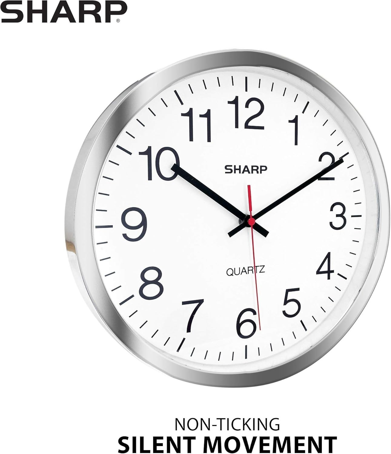 SHARP Wall Clock – Silver, Silent Non Ticking 14 Inch Quality Quartz Battery