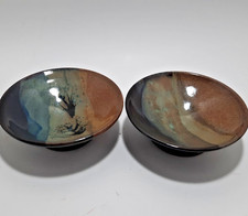 Vintage Studio Pottery Pedestal Bowls Pair 5.5" Earth Tone Blue Brown Glaze