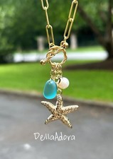 Gold Starfish Pendant Necklace Pearl Sea Glass Charm Beach Jewelry Gift