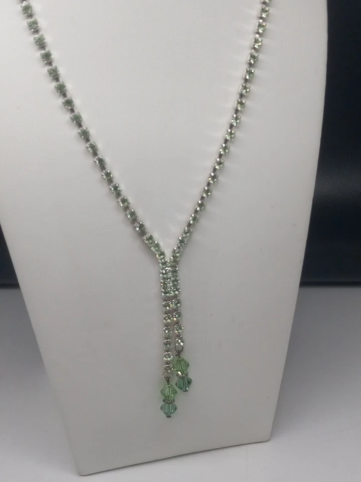 Givenchy Silvertone Prong Set light green Crystals Y drop design Necklace - Image 2 of 4