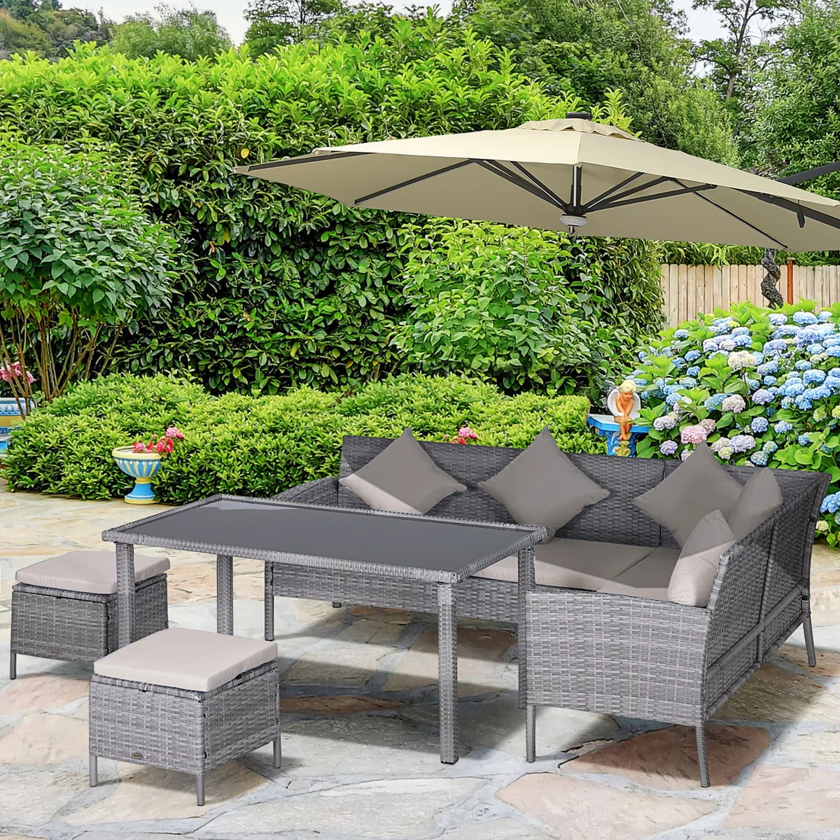 5Pcs Rattan Dining Set Garden Furniture Set with Sofa Coffee Table