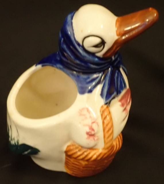 Vintage Japan Ceramic Duck With Basket & Blue Cute Small Planter eBay