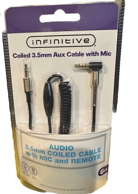 Infinitive Coiled 3.5mm Aux Cable with Built-in Microphone and Remote 6FT New