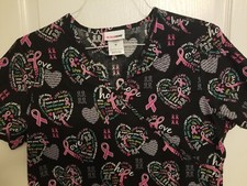 SCRUB TOP Breast Cancer Awareness black pink ribbon HOPE LOVE M medium womens