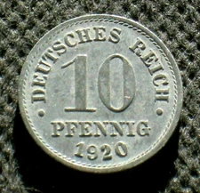 OLD COIN OF GERMANY 10 DEUTSCHES REICH PFENNIG 1920 GERMAN EMPIRE (SMALL SHIELD)
