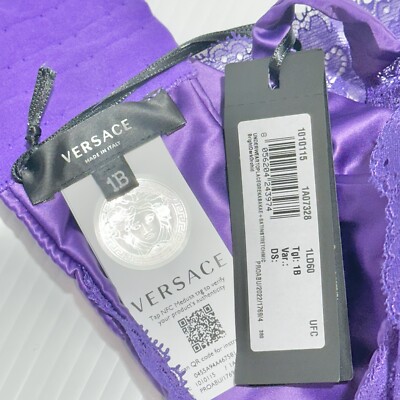 イタリア NWT $550 Versace Runway Bralette Bustier Satin Lace Purple Size 1B