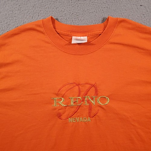 Vintage Reno Nevada Shirt Adult Large Orange Embroidered Text Solid Casual Tee - Picture 3 of 10
