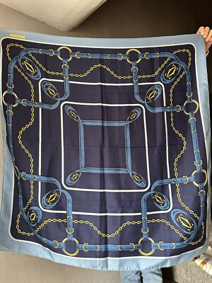 Cartier XL Silk Scarf,Must De Cartier 100% Silk Scarf Blue Gold Chains