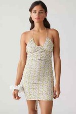 NWT Kiss The Sky Floral Ruched Mini Dress M Medium Halter Neck Pink Green Urban