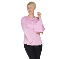  Linea by Louis Dell'Olio Pinstripe Shirt with Tulip Sleeves-Pink/White-Reg 16 