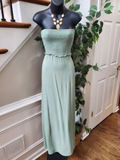 Forever 21 Women Green Solid Rayon Off The Shoulder Long Maxi Dress Size Large